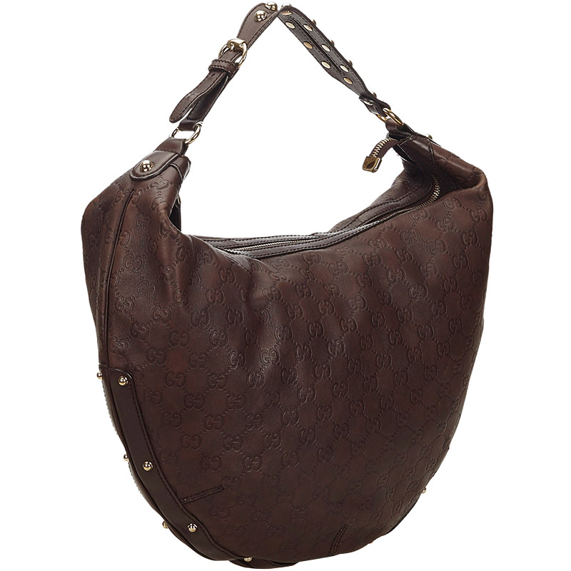 

Gucci Dark Brown Studded Guccissima Leather Biba Hobo Bag