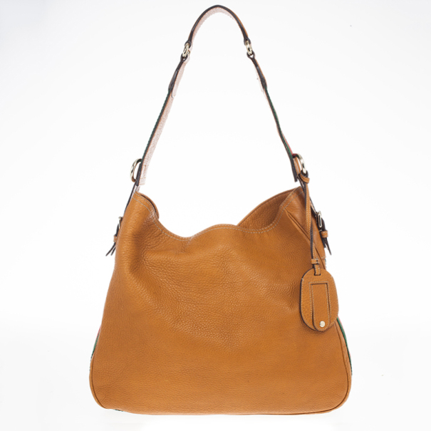 Pre Owned Gucci Brown Leather Gucci Heritage Web Striped Hobo