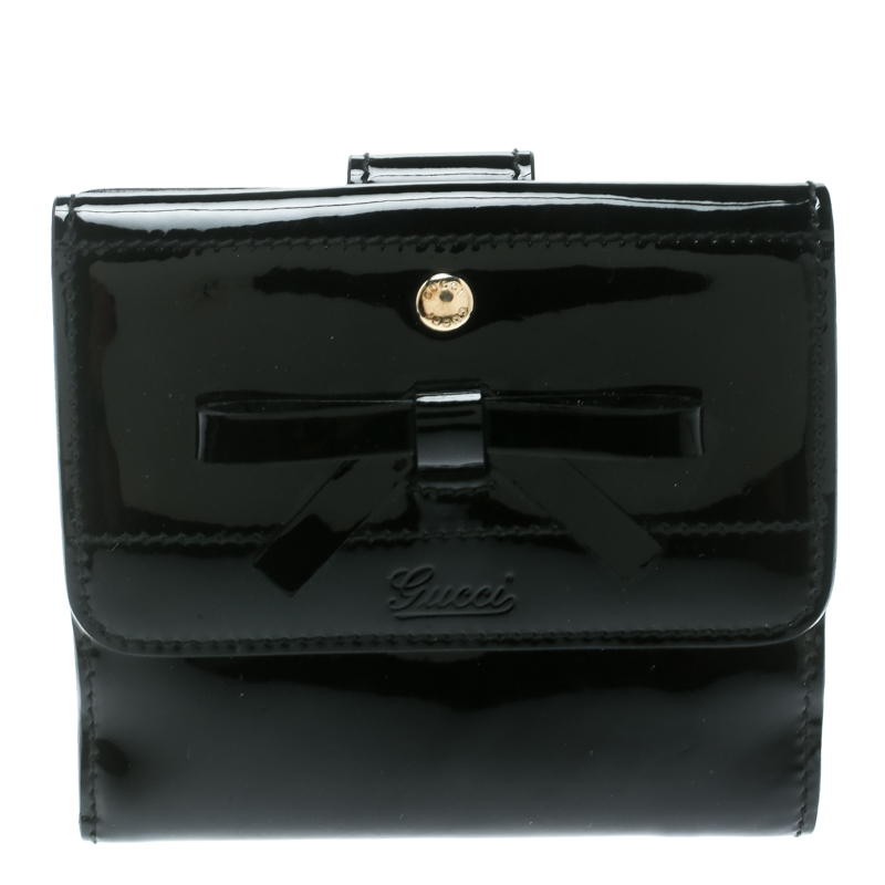 Gucci Black Patent Leather Bow Compact Wallet