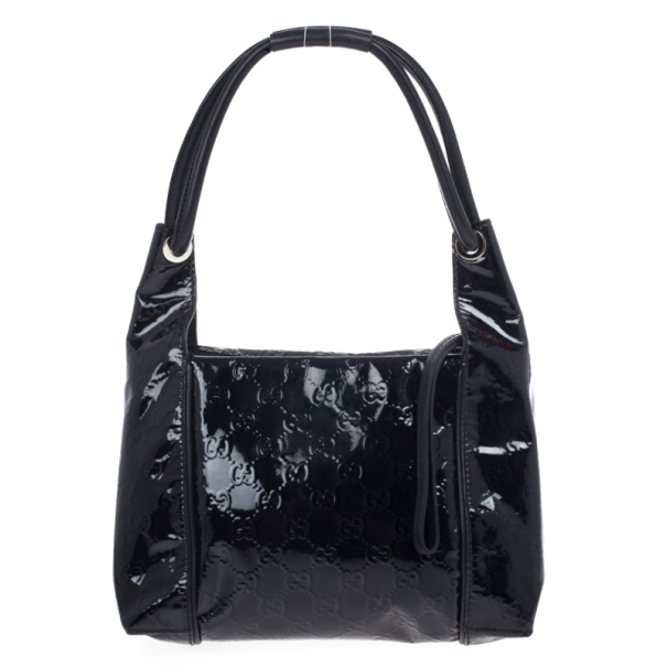 Pre Owned Gucci Black Patent GG Monogram Medium Hobo