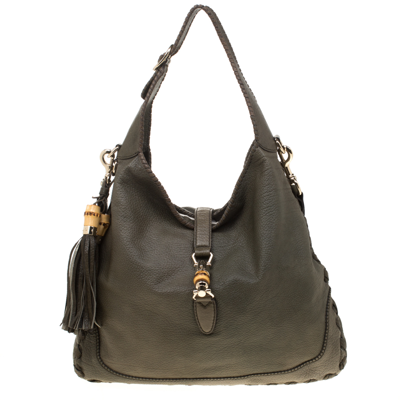 Pre Owned Gucci Mossy Green Leather Large New Jackie Hobo