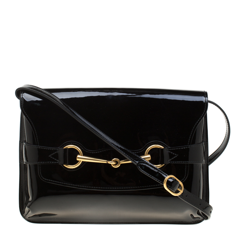 Pre Owned Gucci Black Patent Leather Bright Bit Shoulder Bag