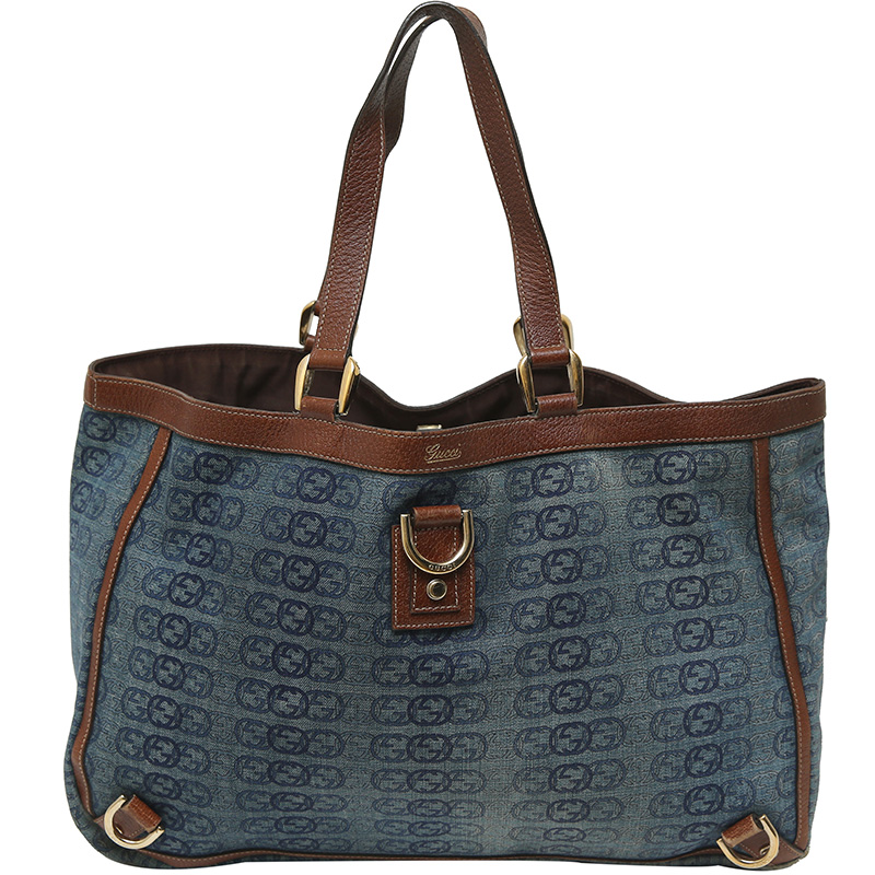 Pre Owned Gucci Blue/Brown Logo Denim and Leather Large Abbey Tote