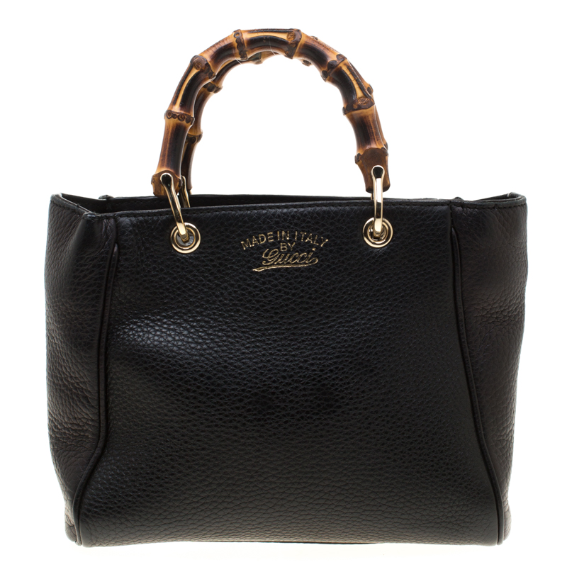 Pre Owned Gucci Black Leather Mini Bamboo Top Handle Bag