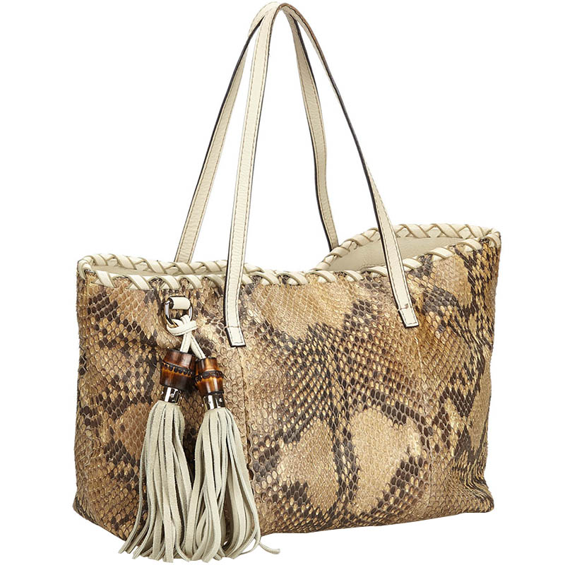 

Gucci Brown Python Leather Bamboo Tote Bag