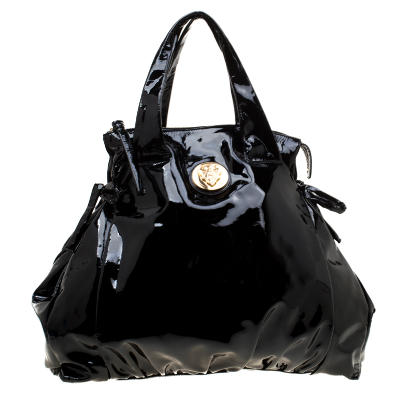 Pre Owned Gucci Black Patent Leather Large Hysteria Tote