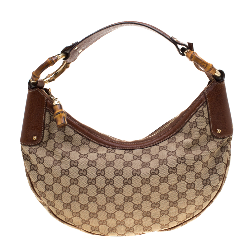 Pre Owned حقيبة غوتشي كانفاس GG سوداء متوسطة حلقات بامبو