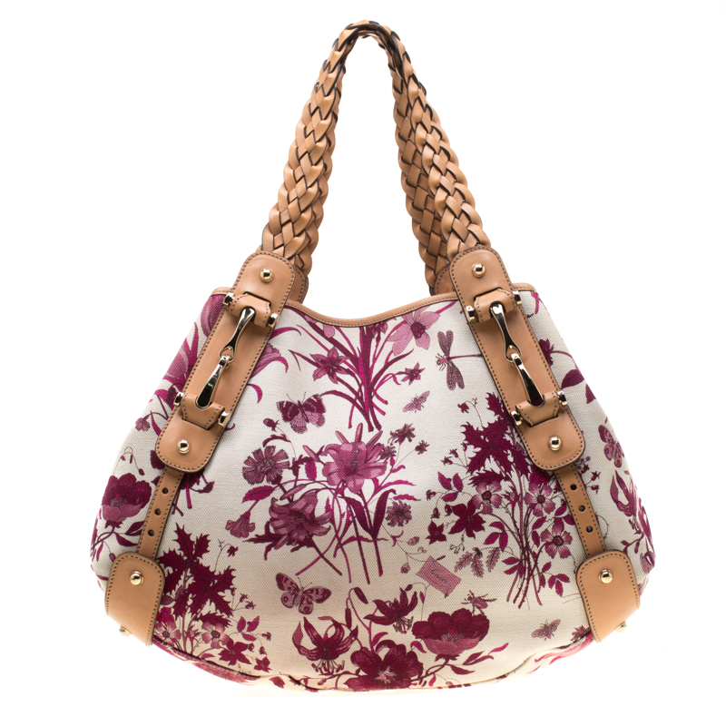 Gucci Beige and Pink Floral Canvas Pelham Hobo
