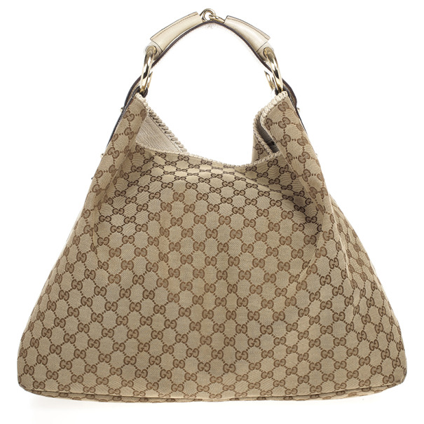 مملوكة مسبقًا Gucci Beige/Ebony GG Canvas Horsebit Medium Hobo Bag