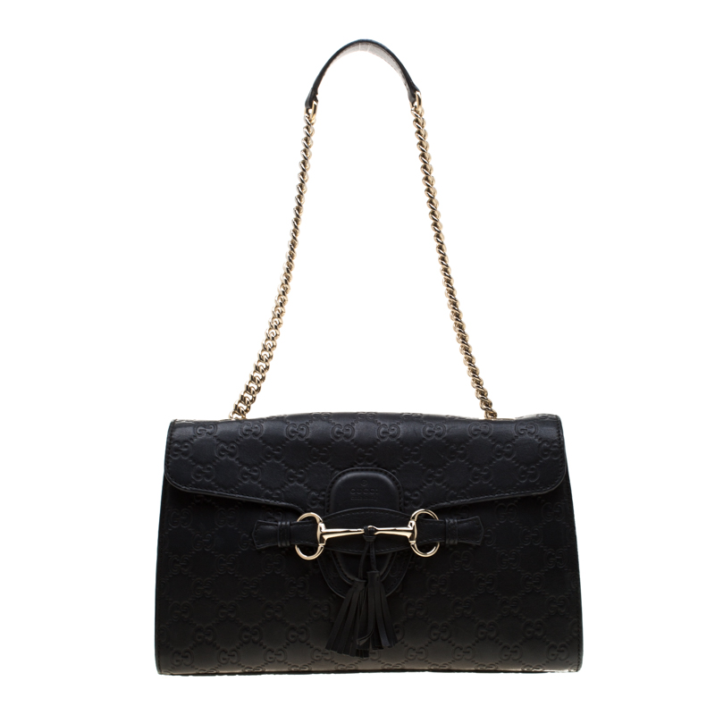 Pre Owned Gucci Black Guccissima Leather Medium Emily Chain Shoulder Bag