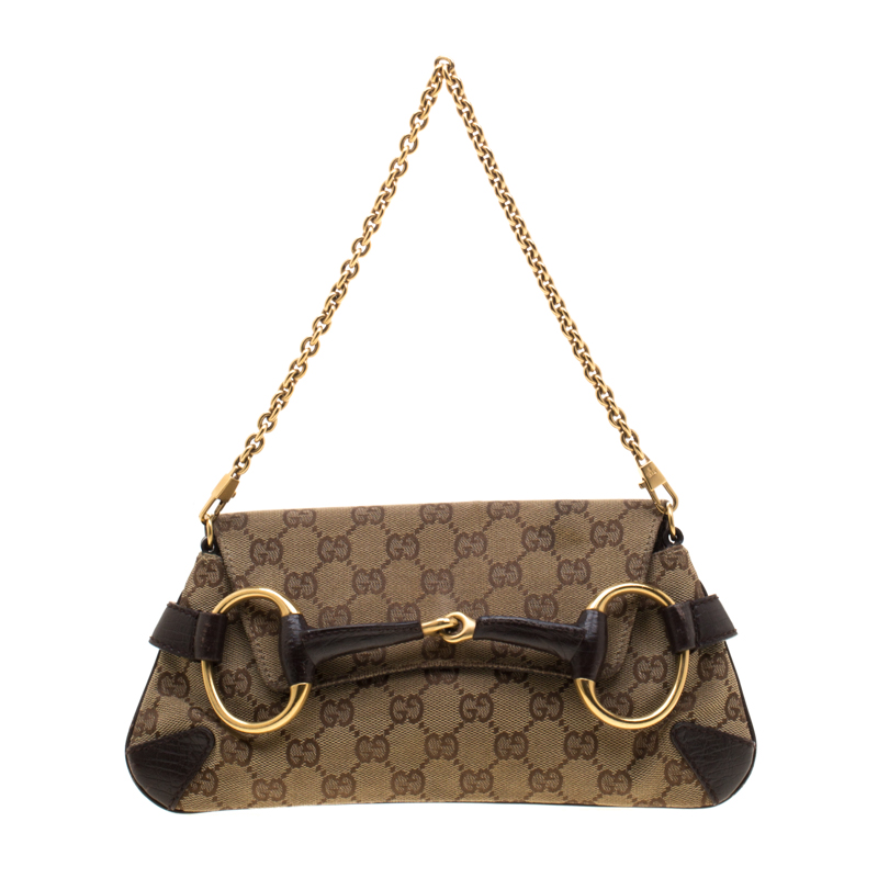 Pre Owned Gucci Brown Canvas and Leather Horsebit Shoulder Bag