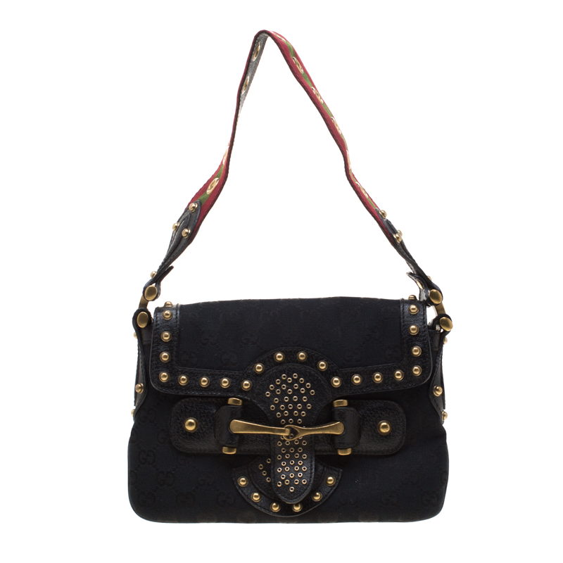 مملوكة مسبقًا Gucci Black GG Canvas and Leather Studded Pelham Runway Shoulder Bag