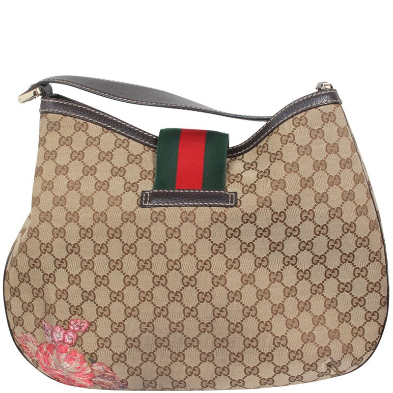 Pre Owned Gucci Brown Jacquard Canvas Hobo Bag
