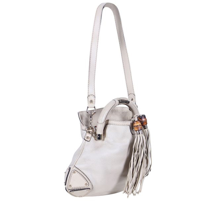 

Gucci Ivory Leather Indy Bamboo Tassel Hobo Bag, White