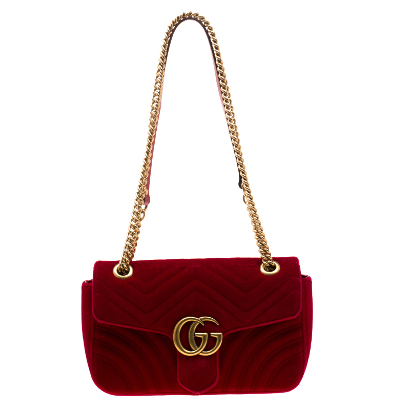 Pre Owned Gucci Red Matelasse Velvet Mini GG Marmont Shoulder Bag