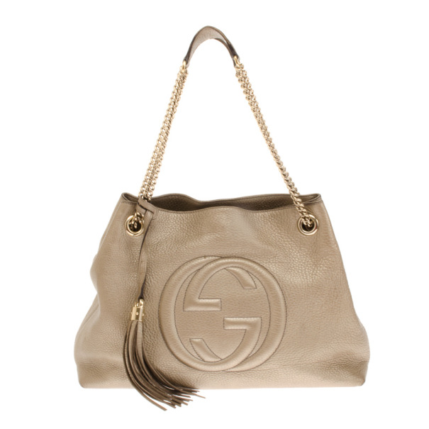 Pre Owned Gucci Gold Metallic Pebbled Calfskin Leather Soho Medium Tote