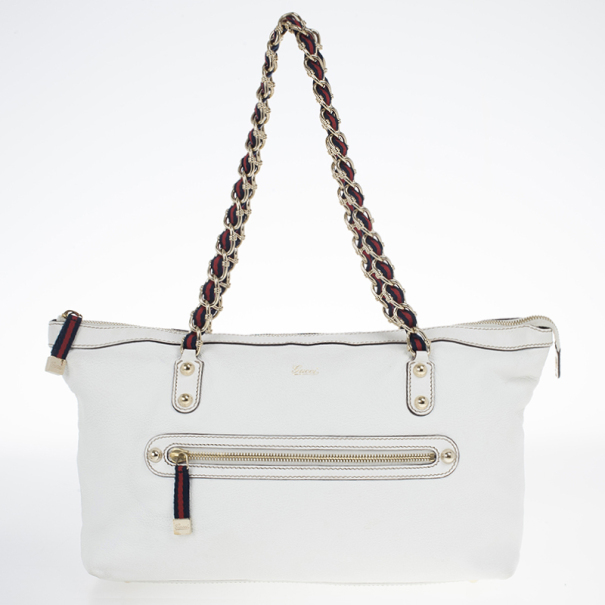 Pre Owned Gucci White Leather Signature Web Chain Tote 