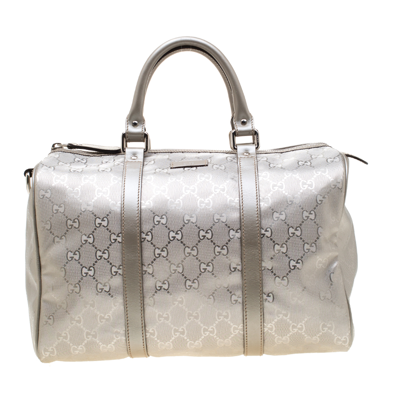 Gucci Grey Metallic GG Supreme Canvas and Leather Medium Joy Boston Bag ...