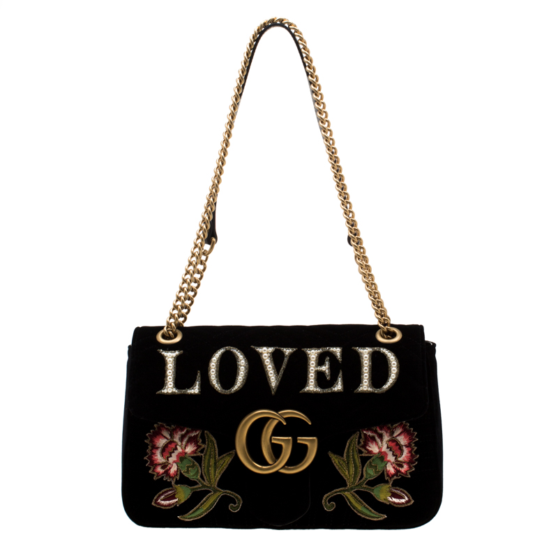Pre Owned Gucci Black Velvet Embroidered Medium GG Marmont Shoulder Bag