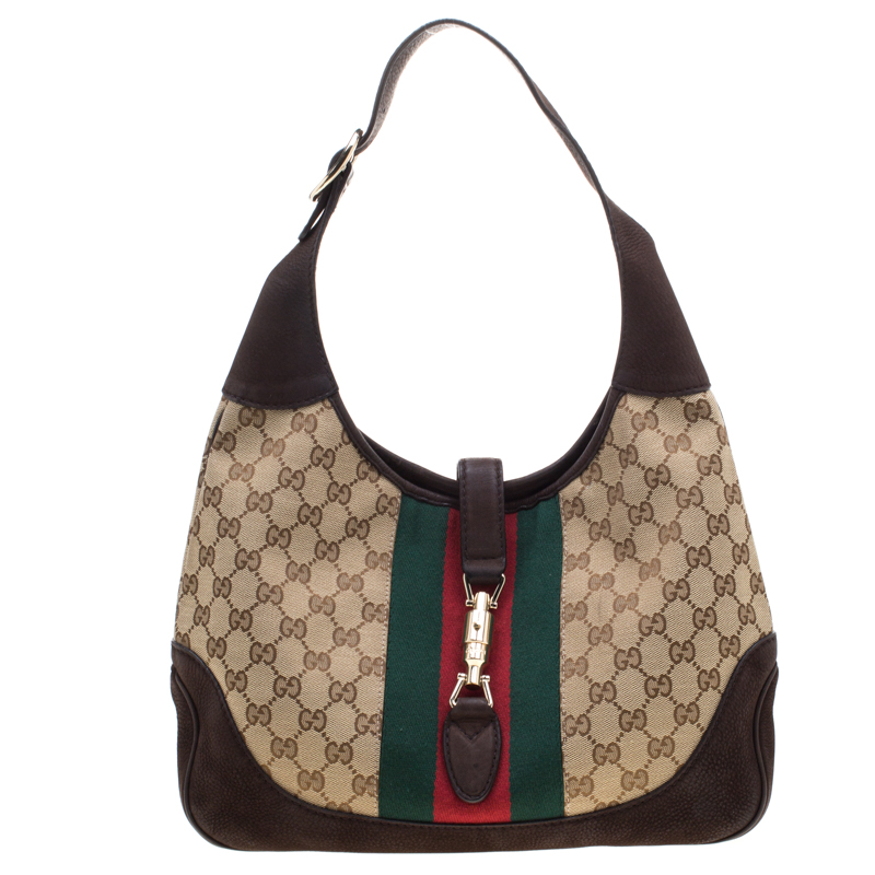 Pre Owned حقيبة غوتشي ويب جاكي ويب سويدي وكانفاس GG بنية