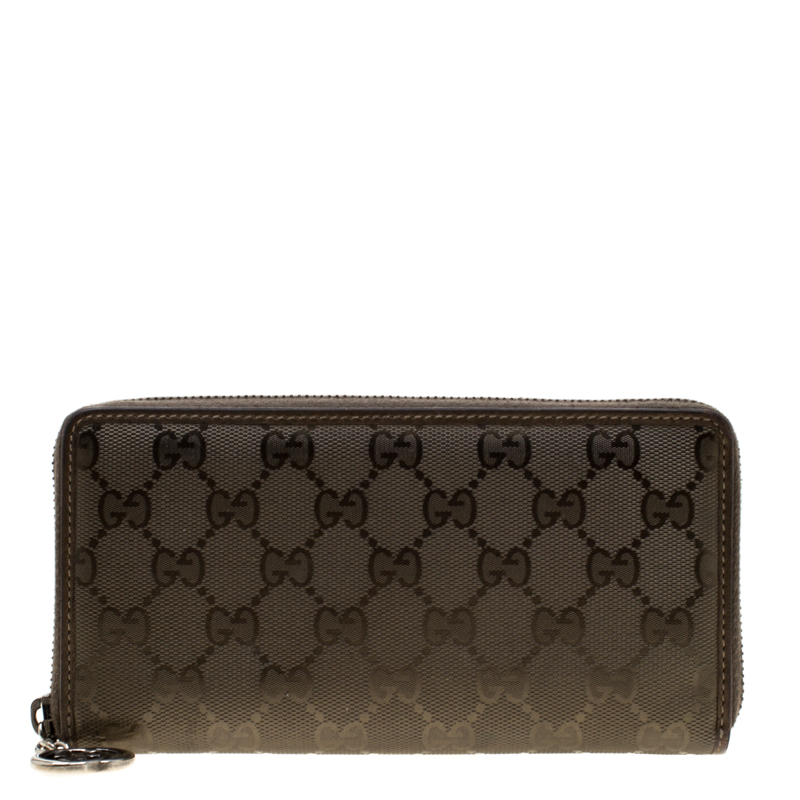 Gucci Olive Green GG Guccissima Coated Canvas Zip Around Wallet
