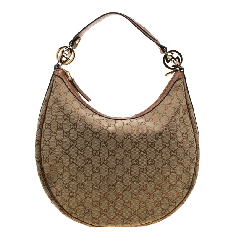 Pre Owned Gucci Beige/Bronze Guccissima Canvas and Leather GG Twins Medium Hobo