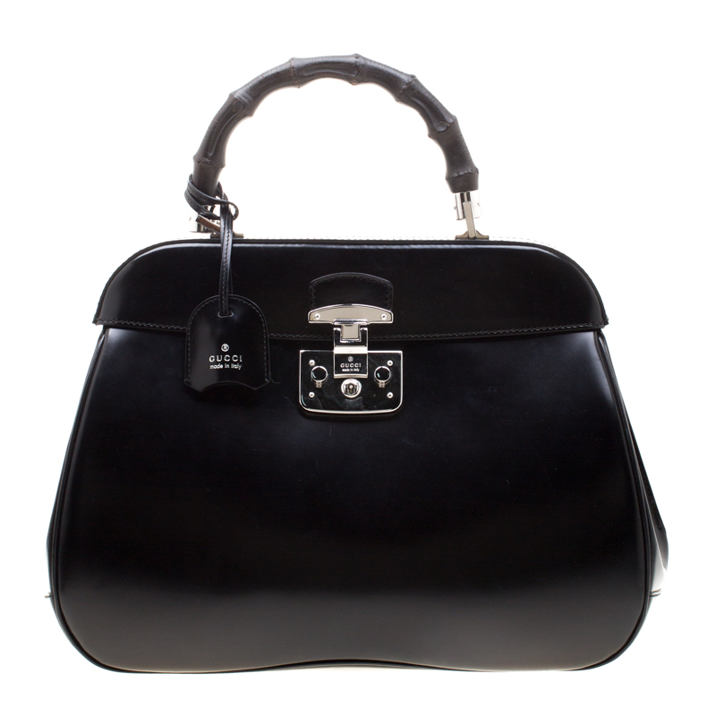 Gucci Black Patent Leather Lady Lock Bamboo Top Handle Bag