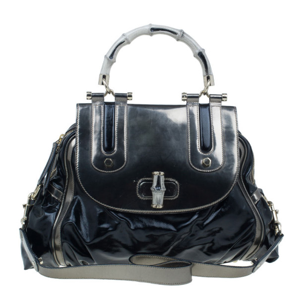 Pre Owned حقيبة غوتشي جلد أسود يد علوية ديالوكس أيفوري بوب بامبو