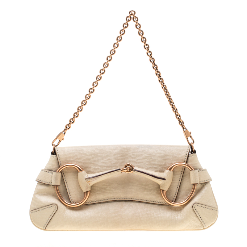 Gucci Cream Textured Leather Horsebit Chain Clutch Gucci The Luxury