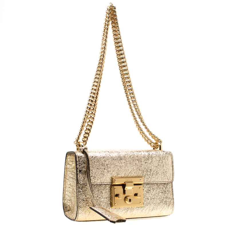 Gucci Gold Metallic Textured Leather Small Padlock Shoulder Bag