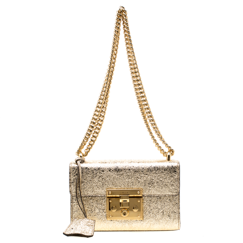 Gucci Gold Textured Leather Padlock Shoulder Bag