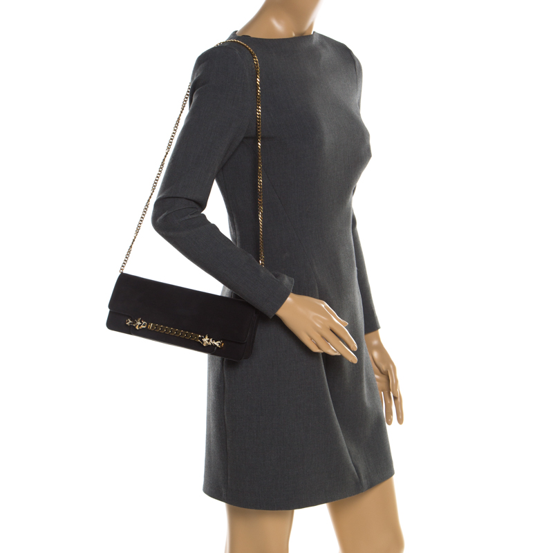 

Gucci Black Nubuck Leather Tigrette Chain Clutch Bag