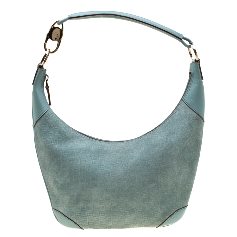 Pre Owned Gucci Pale Blue Nubuck Leather Square G Hobo