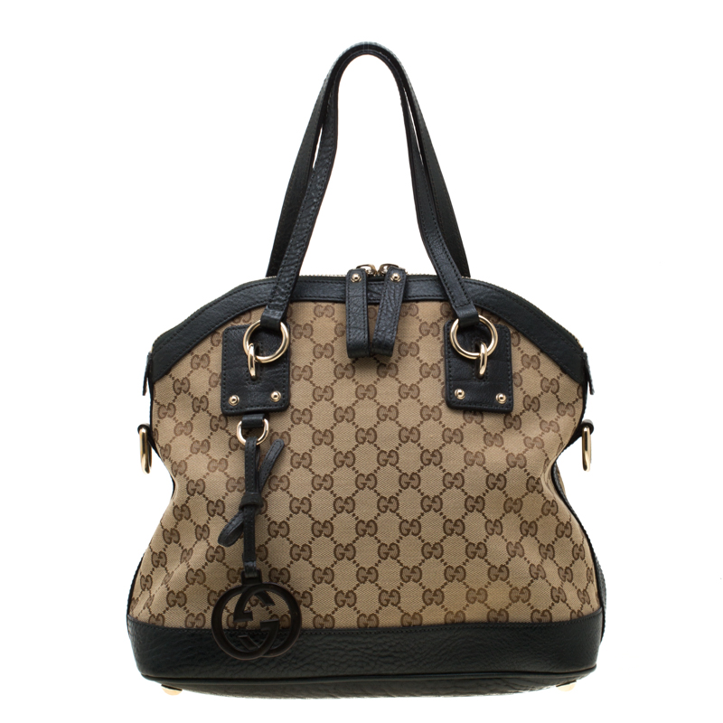 Pre Owned Gucci Beige/Green GG Canvas and Leather Charm Dome Satchel