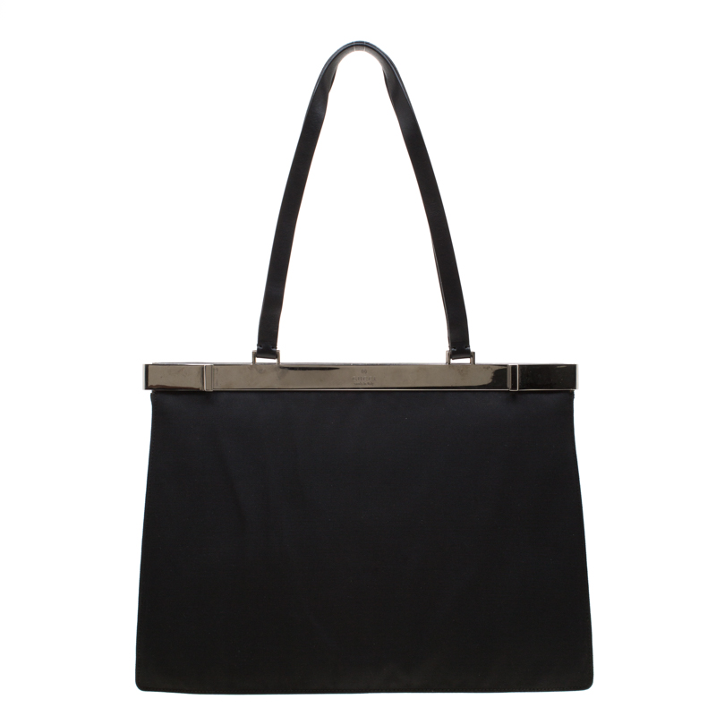 Pre Owned Gucci Black Nylon Frame Tote