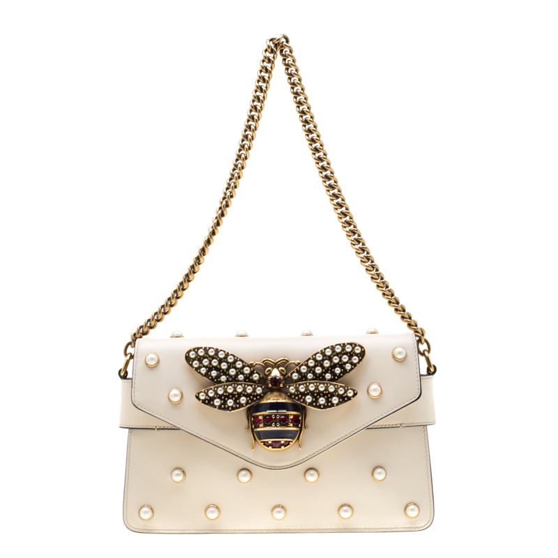 Gucci Off White Leather Broadway Pearly Bee Shoulder Bag