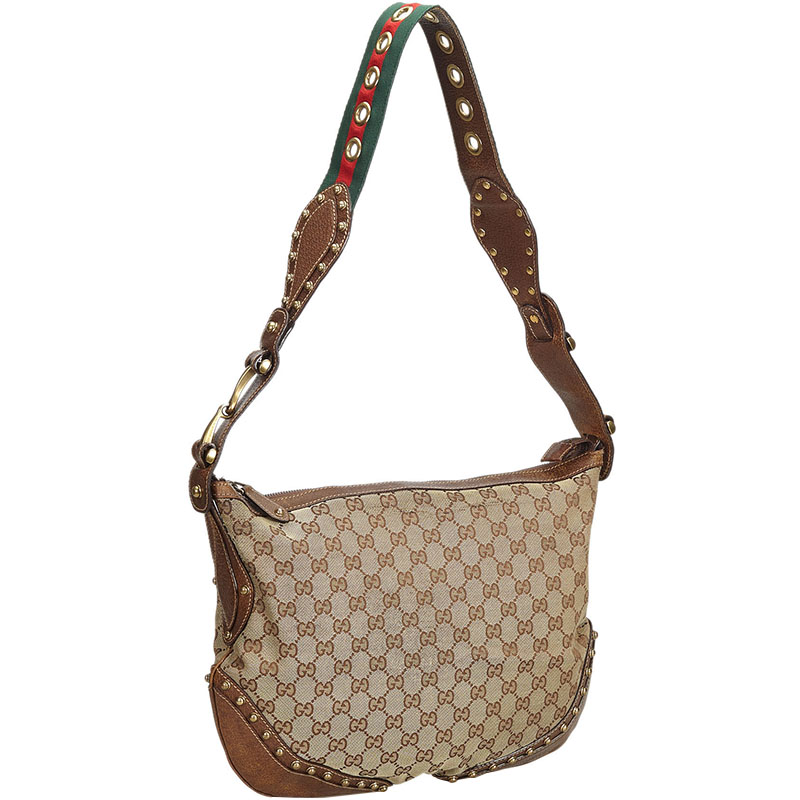 

Gucci Beige/Brown Large GG Canvas and Leather Pelham Studded Hobo