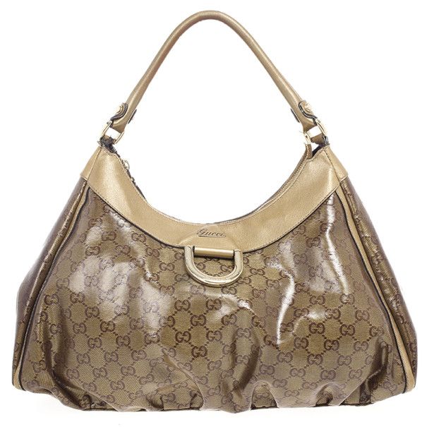 Gucci Beige GG Crystal Canvas Gold D Ring Hobo Bag