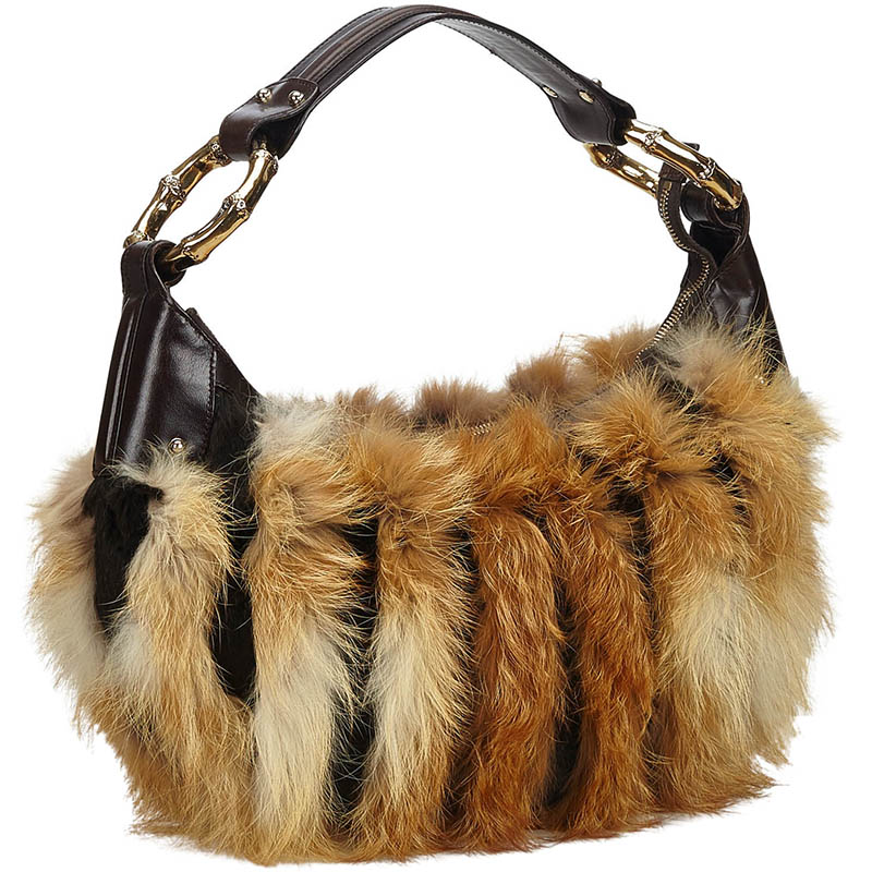 

Gucci Brown Fur Metallic Bamboo Ring Hobo Bag, Black