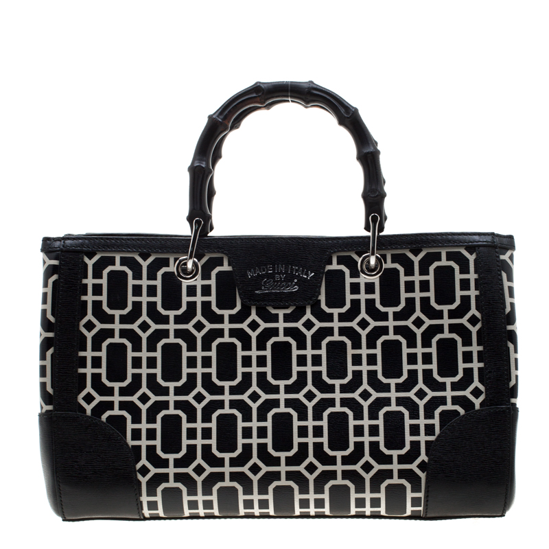 Pre Owned Gucci Black/White Leather Bamboo Top Handle Shopper Tote