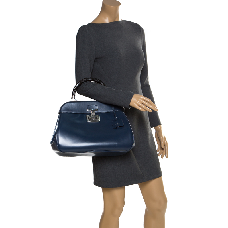 

Gucci Navy Blue Leather Lady Lock Bamboo Top Handle Large Bag