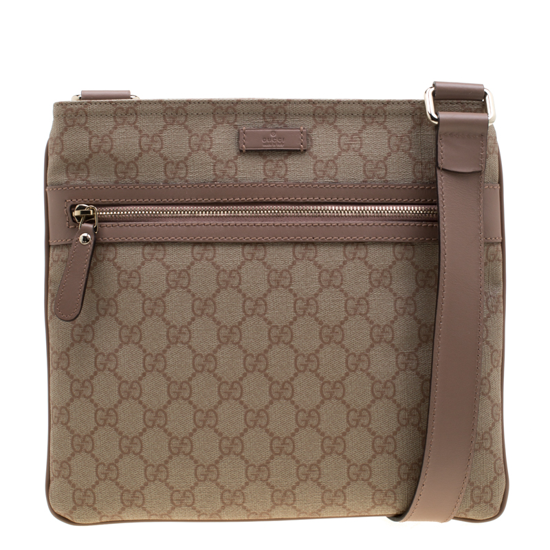 Gucci Beige Monogram Canvas and Leather GG Supreme Flat Messenger Bag