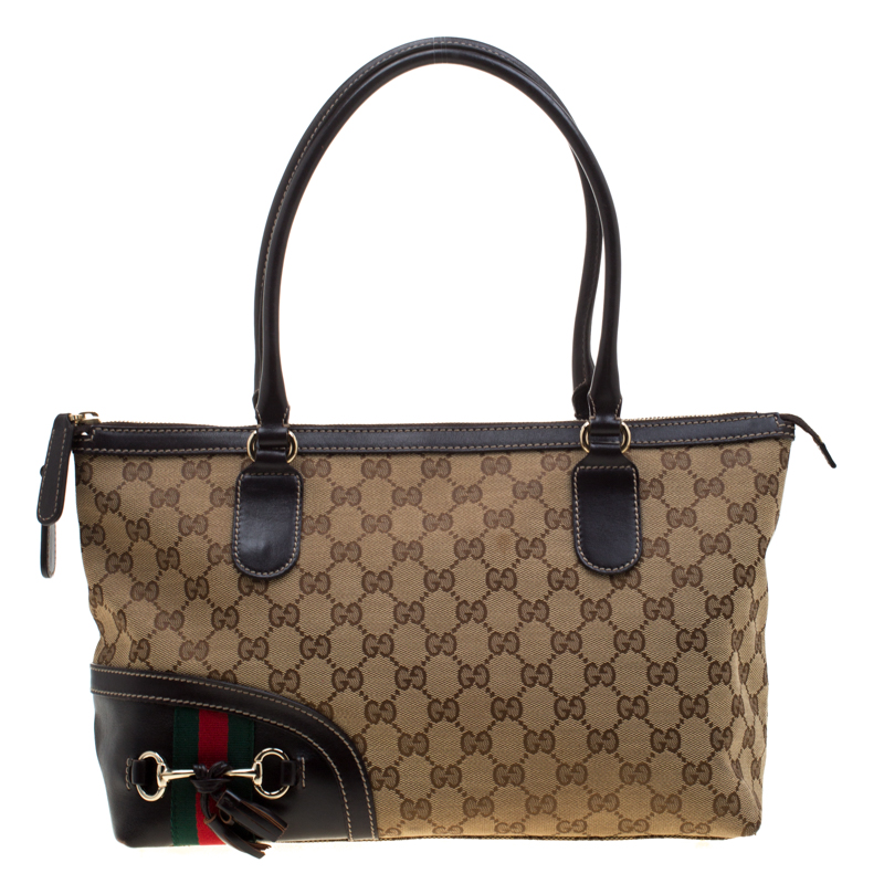 Pre Owned حقيبة يد غوتشي شراشيب هورسبيت ويب جلد وكانفاس سوداء/ بيج