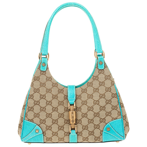 Pre Owned Gucci Beige GG Canvas and Turquoise Leather Bardot Bag 