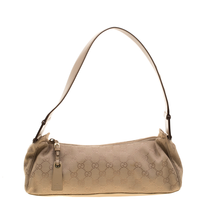 Pre Owned Gucci Beige Canvas and leather W Signature Shoulder Bag