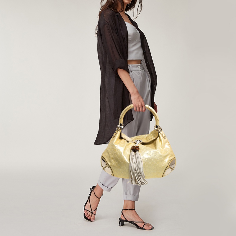 

Gucci Large Indy in Yellow/White Guccissima Patent Leather Hobo