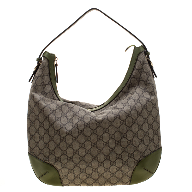 Gucci Beige/Green GG Supreme Canvas and Leather Hobo 