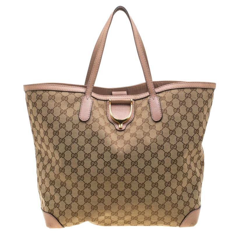 Pre Owned Gucci Beige GG Canvas and Leather Large D Ring Tote 
