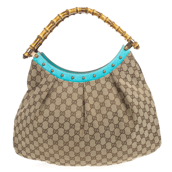 Gucci Turquoise Bamboo Studded Leather Tote Bag