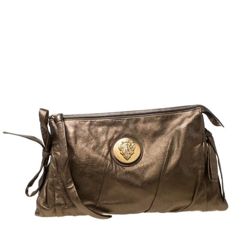 Gucci Metallic Olive Leather Large Hysteria Clutch